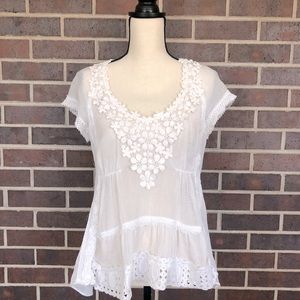 Nanette Lepore Vintage White Sheer Lace Gauze Embroidered V-neck Blouse Top Sz 8
